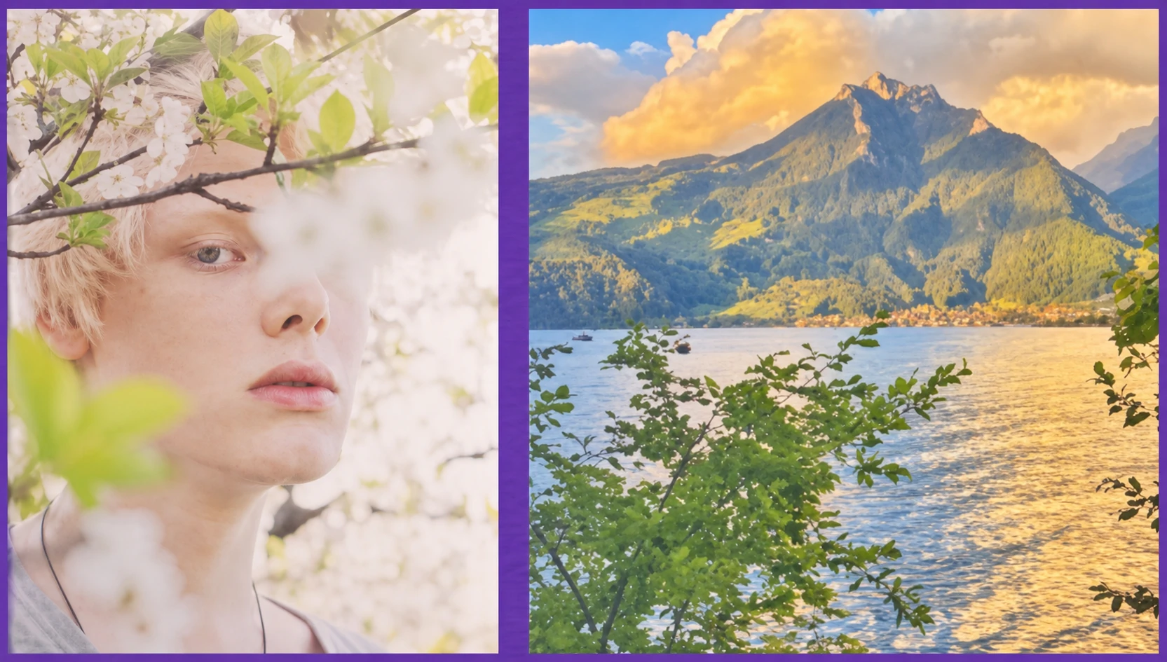 自然光案例:春日花枝间的人像与阳光照亮的山湖